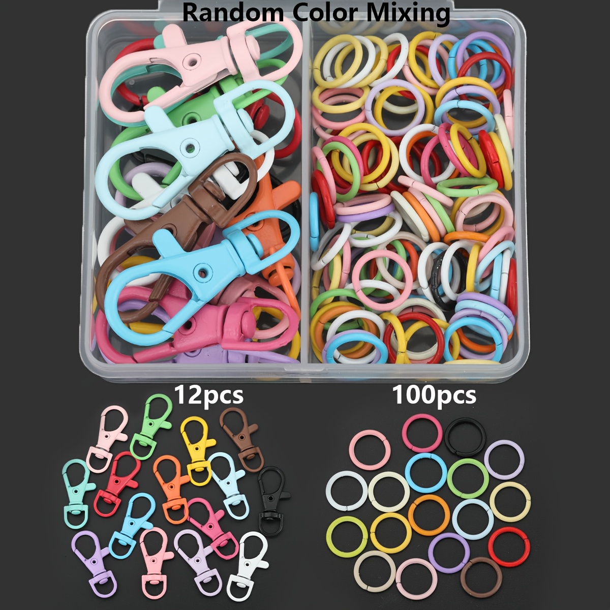 TEMU 112pcs/box Diy Random Mixed Color Keyring Making Parts, Including 12pcs Colorful Enamel Rotatable Lobster Clasps + 100pcs Jump Rings. Suitable