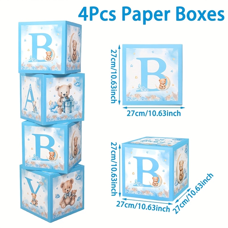 TEMU 4pcs,blue Little Bear Balloon Boxes,27cm,paper Baby Boxes,baby Shower Party Decoration Box,birthday Wedding Party Background Decor,gender
