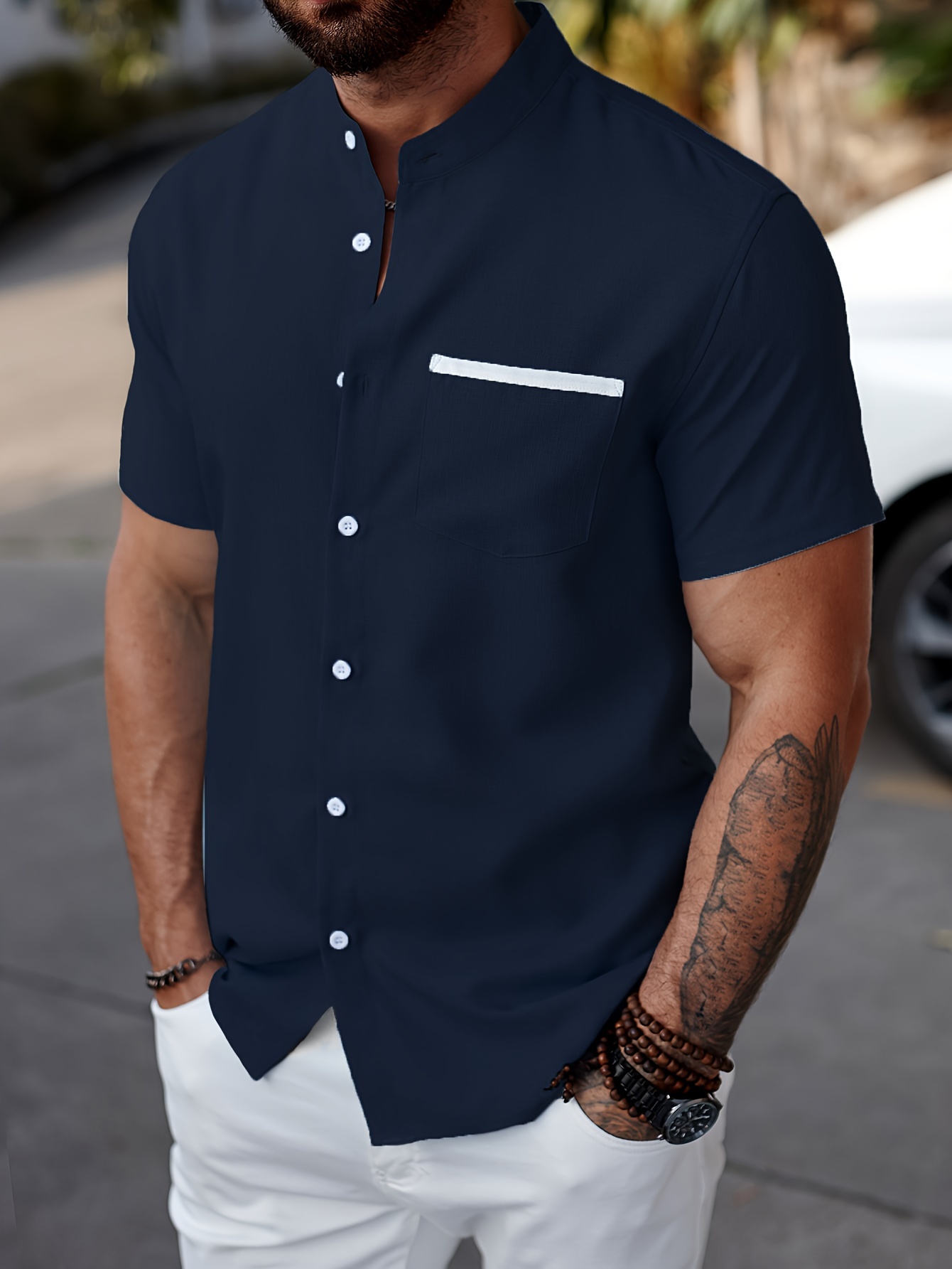 mens solid casual short sleeve button down shirt with chest pocket and stand collar for summer