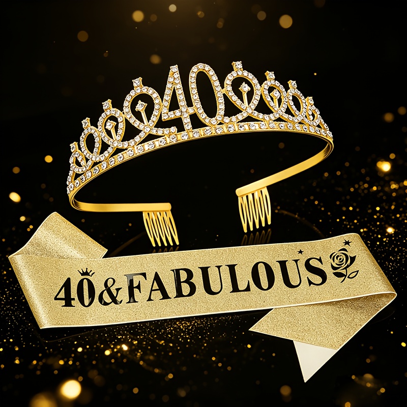 TEMU 2pcs Creative And Fashionable Rhinestone 40th Birthday Outfit Set, -encrusted Hair Accessories, Birthday Party Number 40 Headband