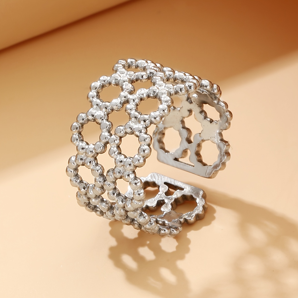 TEMU 1pc Stainless Steel Double-layer Ring, Geometric Openwork, Vintage, Adjustable For Women, Suitable For Parties And Vacations