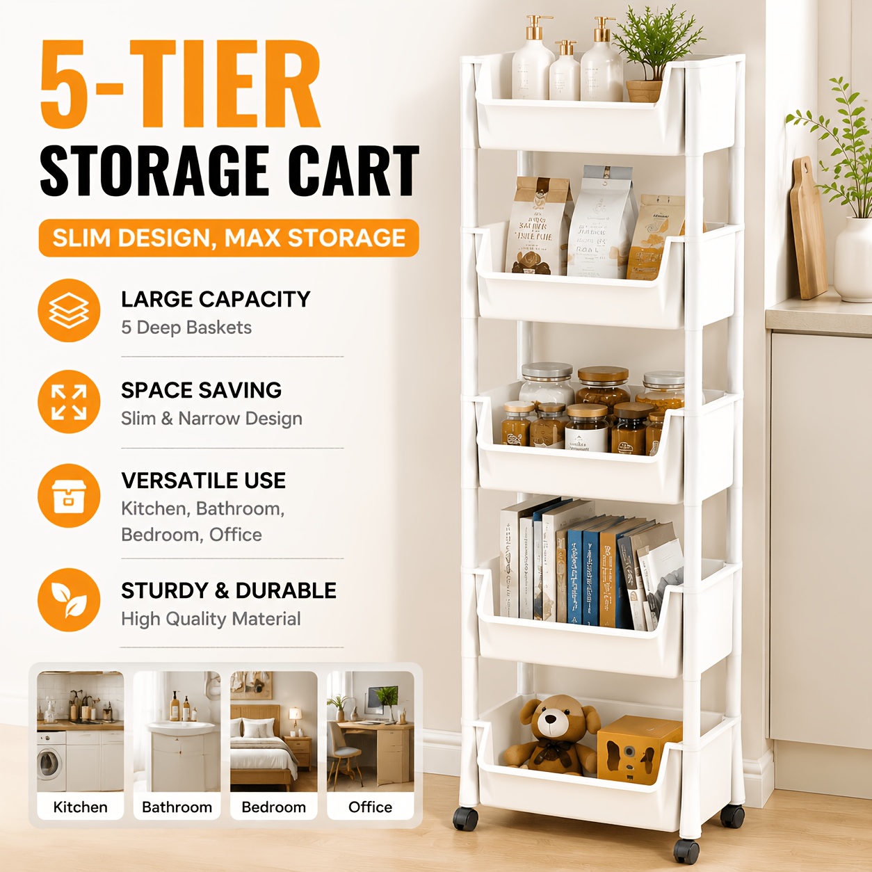 TEMU 5-tier Storage Rack, Portable And Multifunctional With Sturdy Wheels, - Organizer For Utensils, Cleaning Supplies, Clothing, Books, And More.