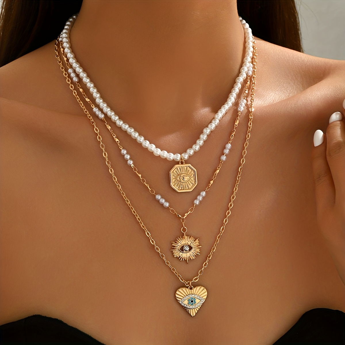 3pcs Party & Vacation Layered Necklace Evil Eye & Multi-chain Design Ideal For Summer Styling & Making A Spiritual Fashion Statement