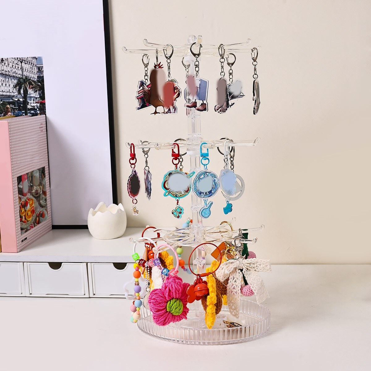 Black/Transparent Rotatable Key Hook Rack, Adjustable Height Jewelry Organizer