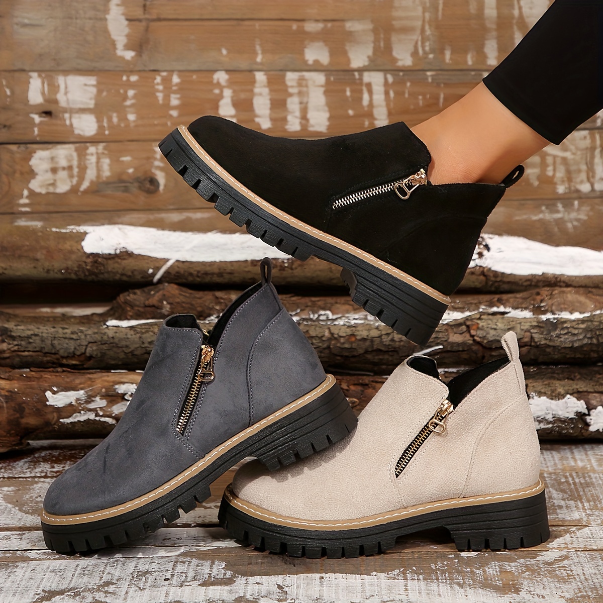 xx012 3 womens chunky heel ankle boots with double zipper closure round toe winter casual boots in black grey beige tpr sole fabric upper for everyday   stylish streetwear   durable traction footwear Product details 1