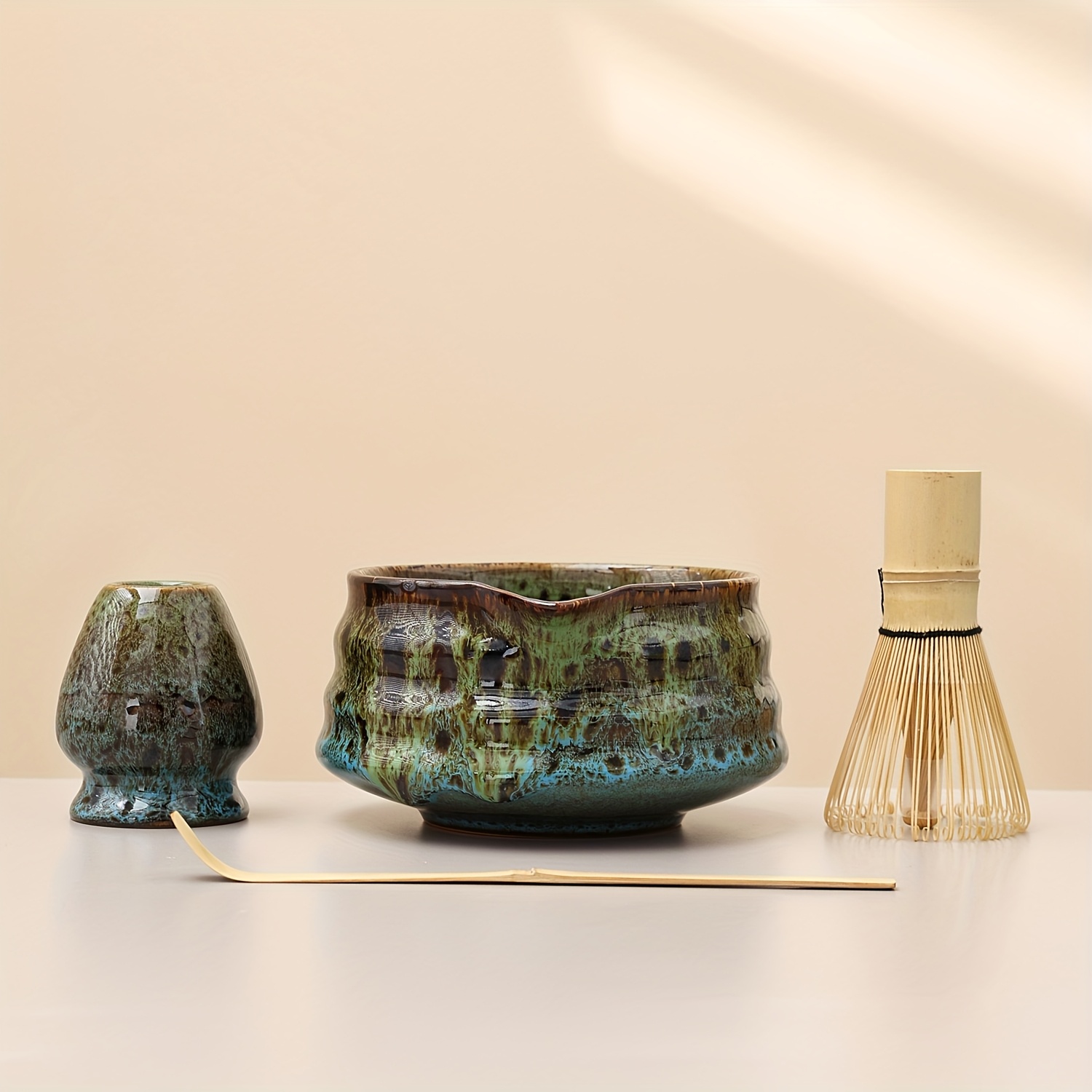 Image of 4pcs Kiln-transformed Glaze Tea Set | Non-slip Tea Bowl And Natural Bamboo Tea Scoop - Ideal For Beginners In Tea Ceremony