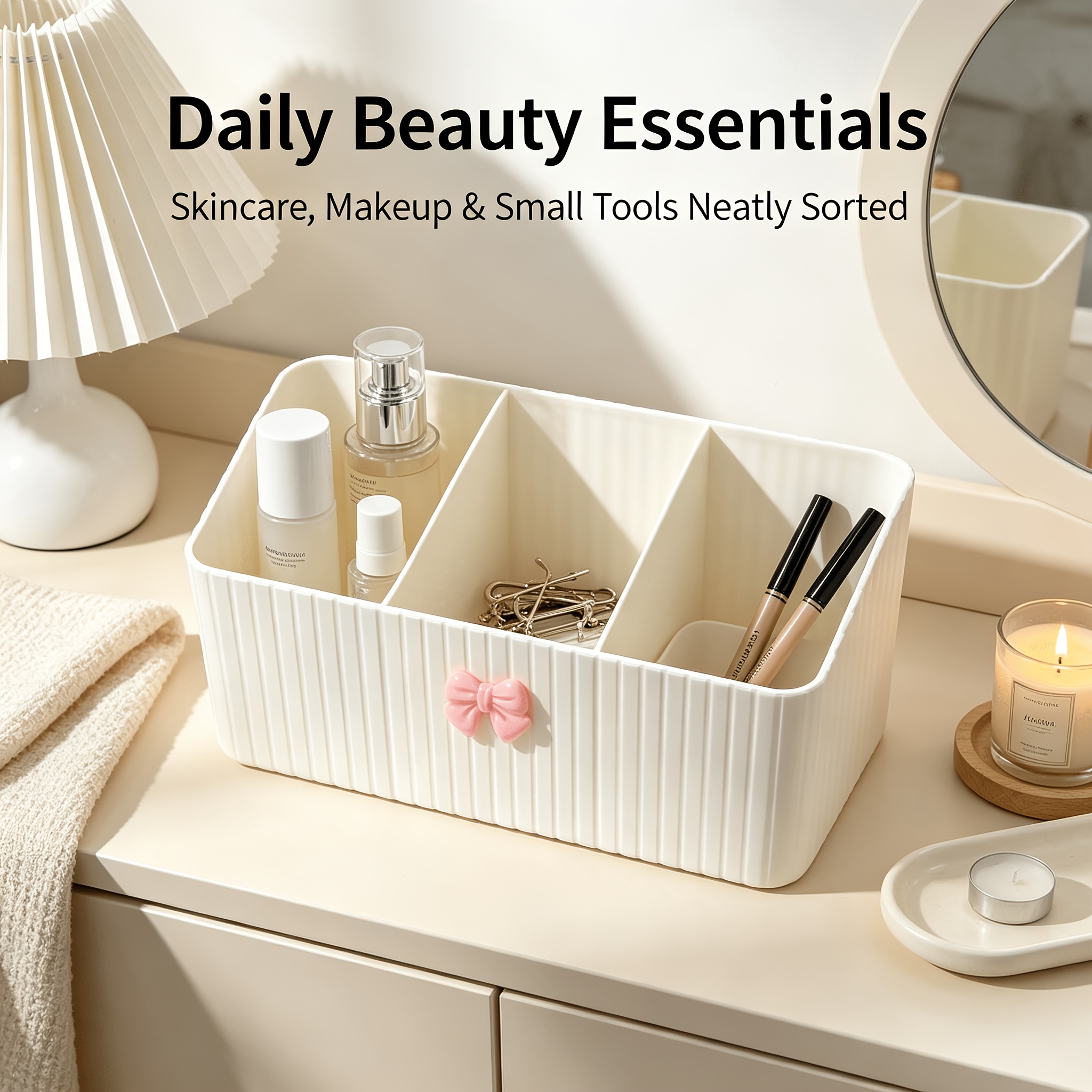 TEMU Cute Bow Three-compartment Desktop Organizer Box, Ins-style Creamy Vertical Stripe Plastic Divided Storage Basket, Vanity Cosmetic Lipstick