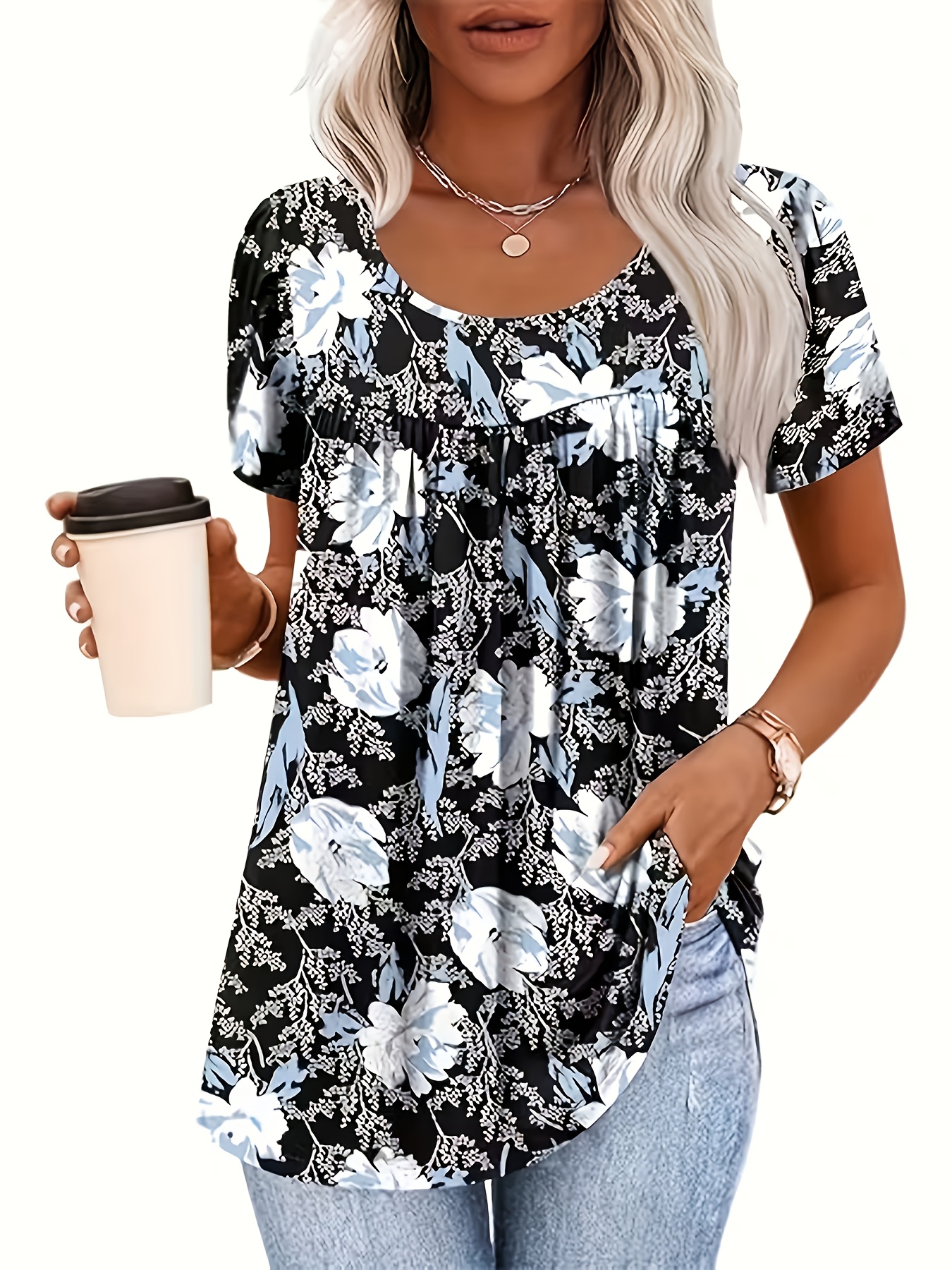 item picture plus size plus size womens elegant floral print blouse with chest ruffle detail short sleeve round neck summer top black blue   machine washable regular fit casual to formal shirt short sleeve shirt decorative chest detail