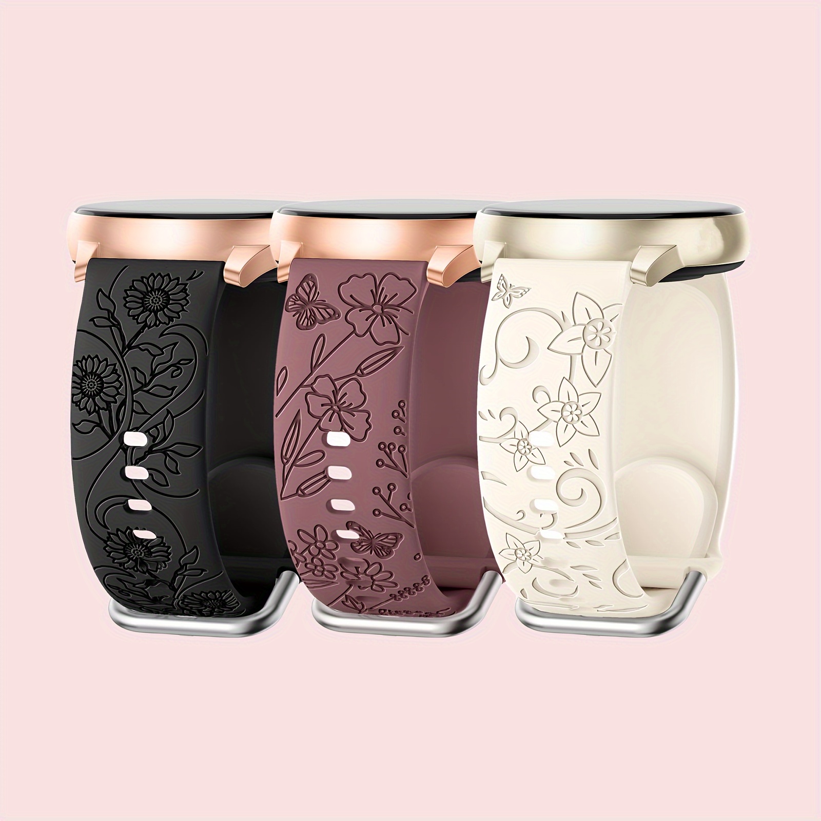 

3pcs Flower Engraved Bands Compatible With 6/5/4 Band 40mm 44mm, 45mm, Active 2, 3,20mm Soft Silicone Sport Watch Strap For Women