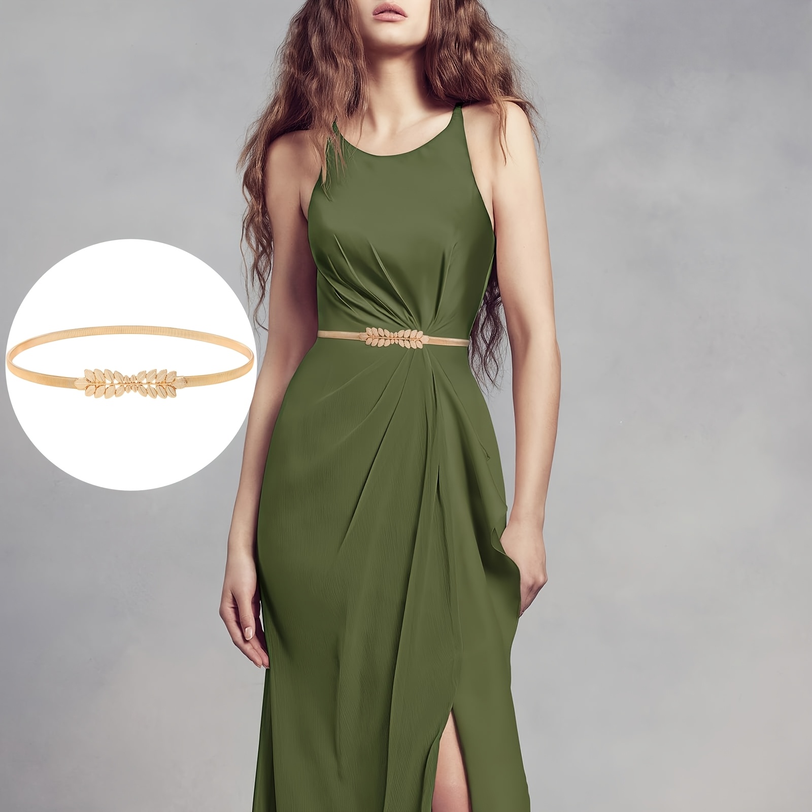 Image of Ladies' Elegant Leaf Elastic Metal Waist Belt, Golden Waist Belt, Slim Fit Dress Waist Belt, Evening Gown Waist Belt, Best Gift For Women