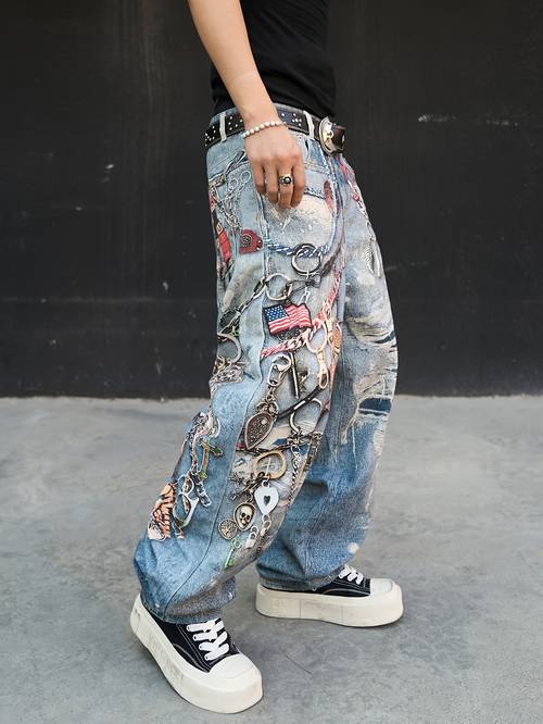 new mens hyperrealistic 3d stereoscopic printing metal ornament print relief keychain climbing decorative elements distressed ripped hole print wide leg denim trousers