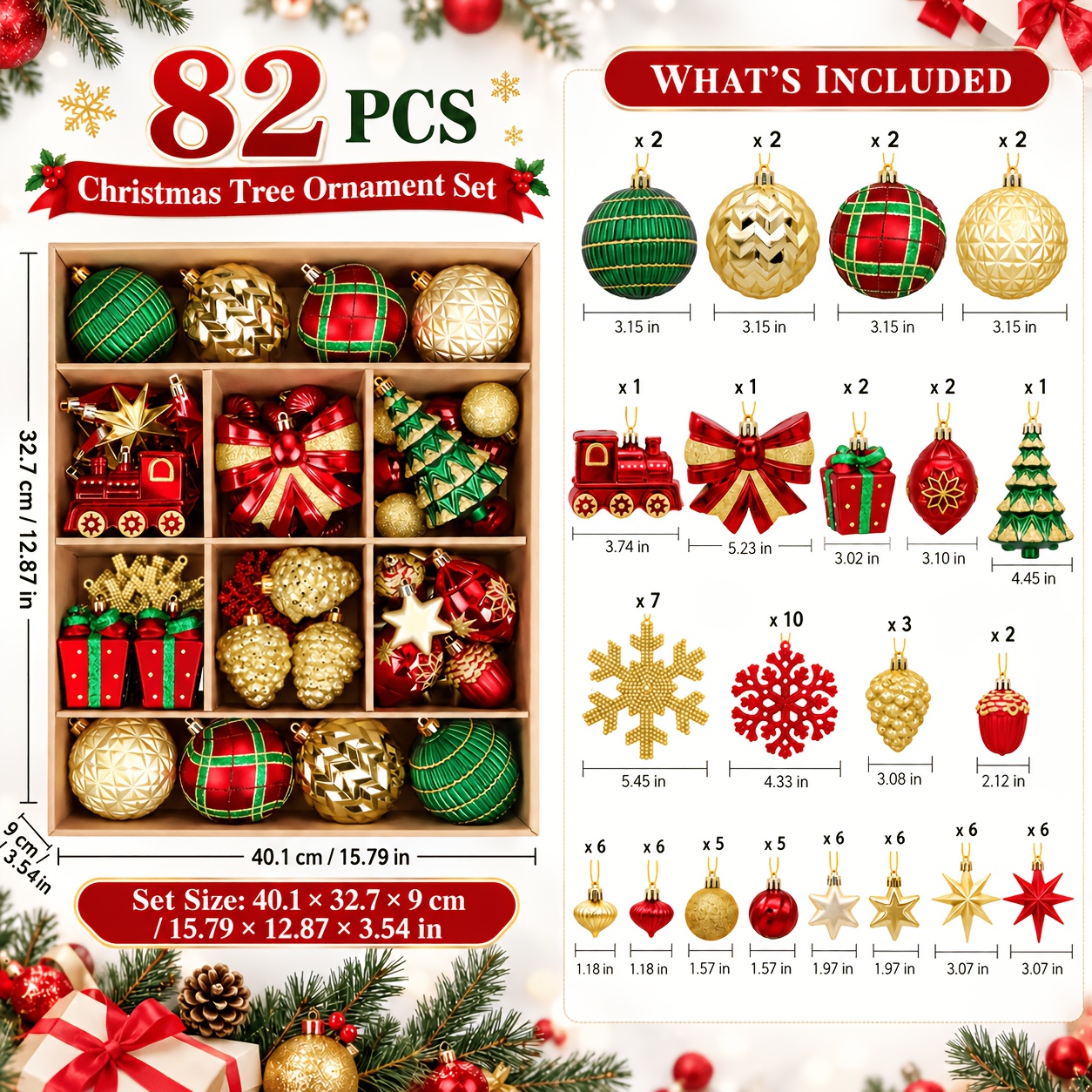 Image of 82ct Christmas Tree Balls Ornaments, Colored Shatterproof Plastic Decorative Baubles Decorations For Christmas Decorations, Christmas Home Decor, Christmas Gifts (red &green& Golden, Red & )