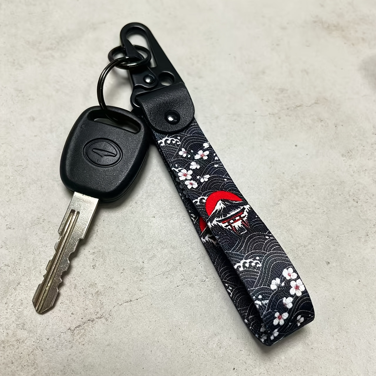 Image of Jdm Style Torii Keychain Lanyard, Cherry Wave Wrist Strap For Car Motorcycle Keys, Heavy Duty Metal Carabiner Gift For Auto Enthusiasts