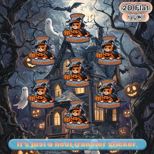 7pcs adorable halloween cat with pumpkin witch hat and cape happy halloween text heat transfer stickers high quality and washable suitable for flat fabrics such hats canvas bags throw pillows leather bed sheets etc