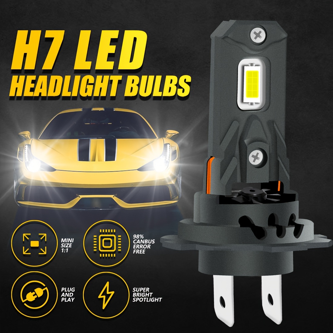 2pcs Mini H7 LED Bulb Auto, Kit Headlight Car 6000K White, Without Fan