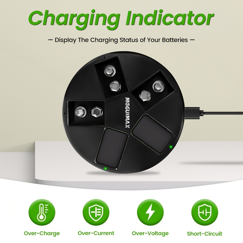 moguimax зарядное устройство на 5 слотов для 9v черных аккумуляторов, быстрая зарядка, несколько слотов для зарядки,   индикатор полной зарядки, с кабелем зарядки type-c, удобно для переноски, совместимо с блоком питания 5v/1a, безопасно и стабильно, подходит для микрофонов,  , электронных Детали 1