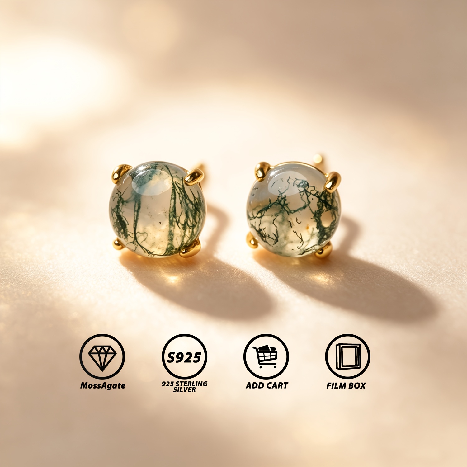 TEMU Exquisite And Petite Natural Moss Agate S925 Silver Stud Earrings, Inlaid With 6mm Natural Moss Agate, Elegant Bohemian Style Earrings, Suitable