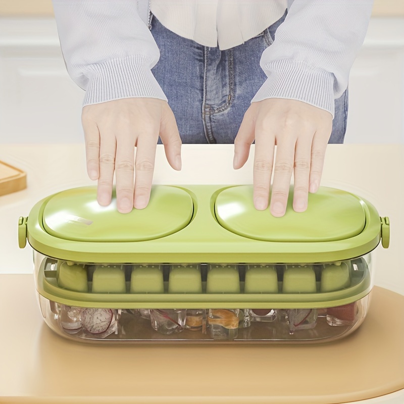 

Double Ice Cube Tray With Lid And Garbage Can, Easy Release Ice Maker Tray With Container And Removable Lid And Spoon