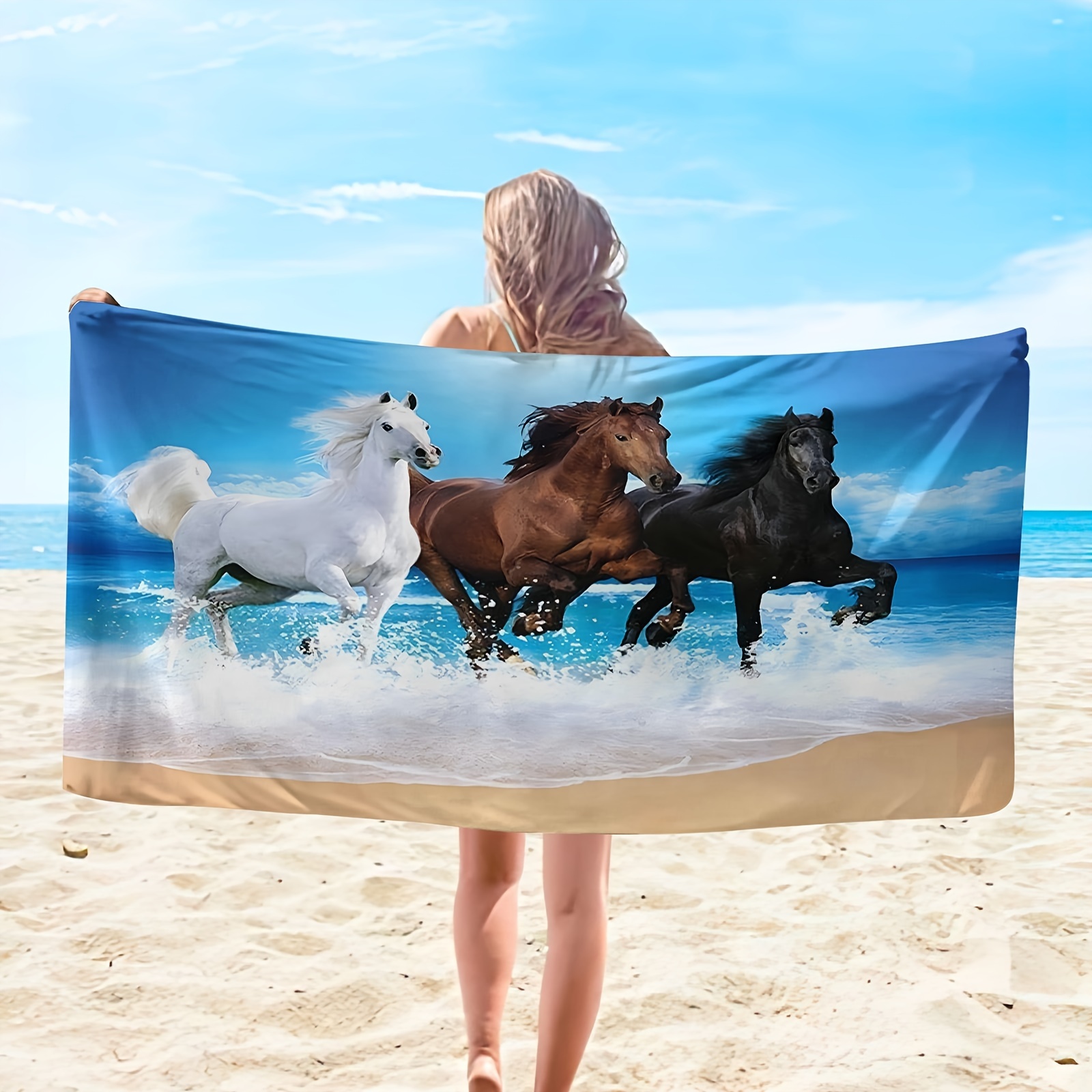 

Microfiber Tropical Beach Towel With Horse Design, Super Absorbent Lightweight Bath Mat For Swimming, Diving, Surfing, Yoga, Camping, Universal Holidays, Knit Fabric Animal Pattern Towel, 250gsm