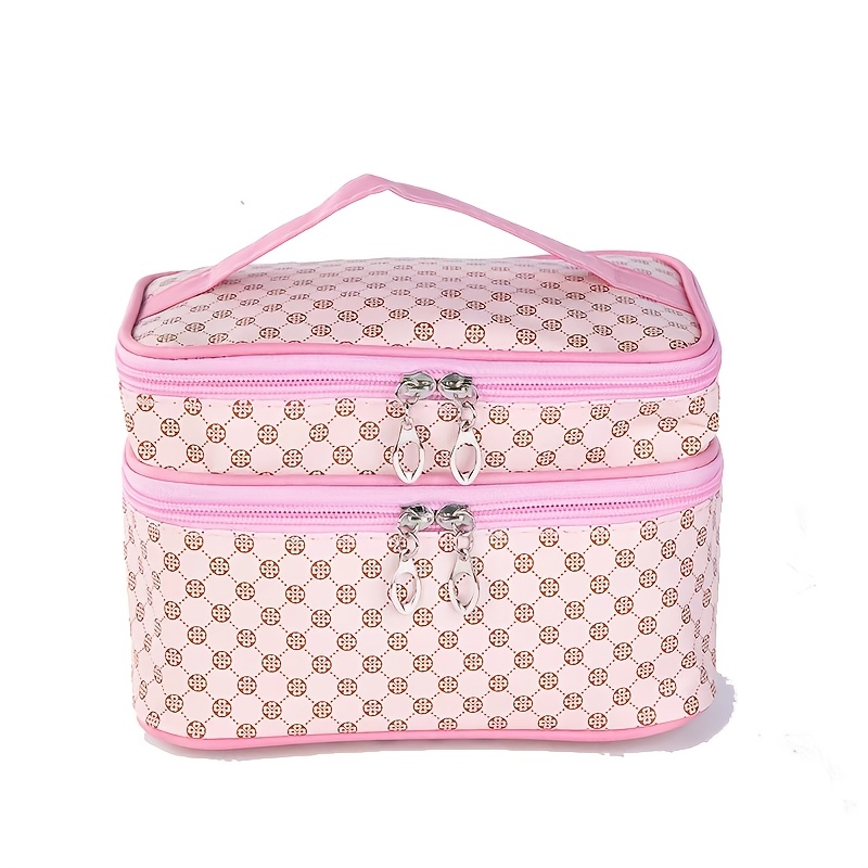 TEMU Trousse de maquillage vintage à double couche avec poignée, organisateur de cosmétiques de voyage portable de grande capacité, trousse de