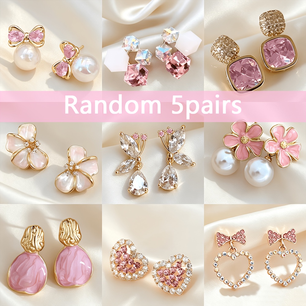 TEMU Conjunto de 5 de aretes elegantes y exquisitos estilo Y2K, dulces, con diamantes de rosa, hueco, , de perlas, colgante de , pétalo, para mujer,
