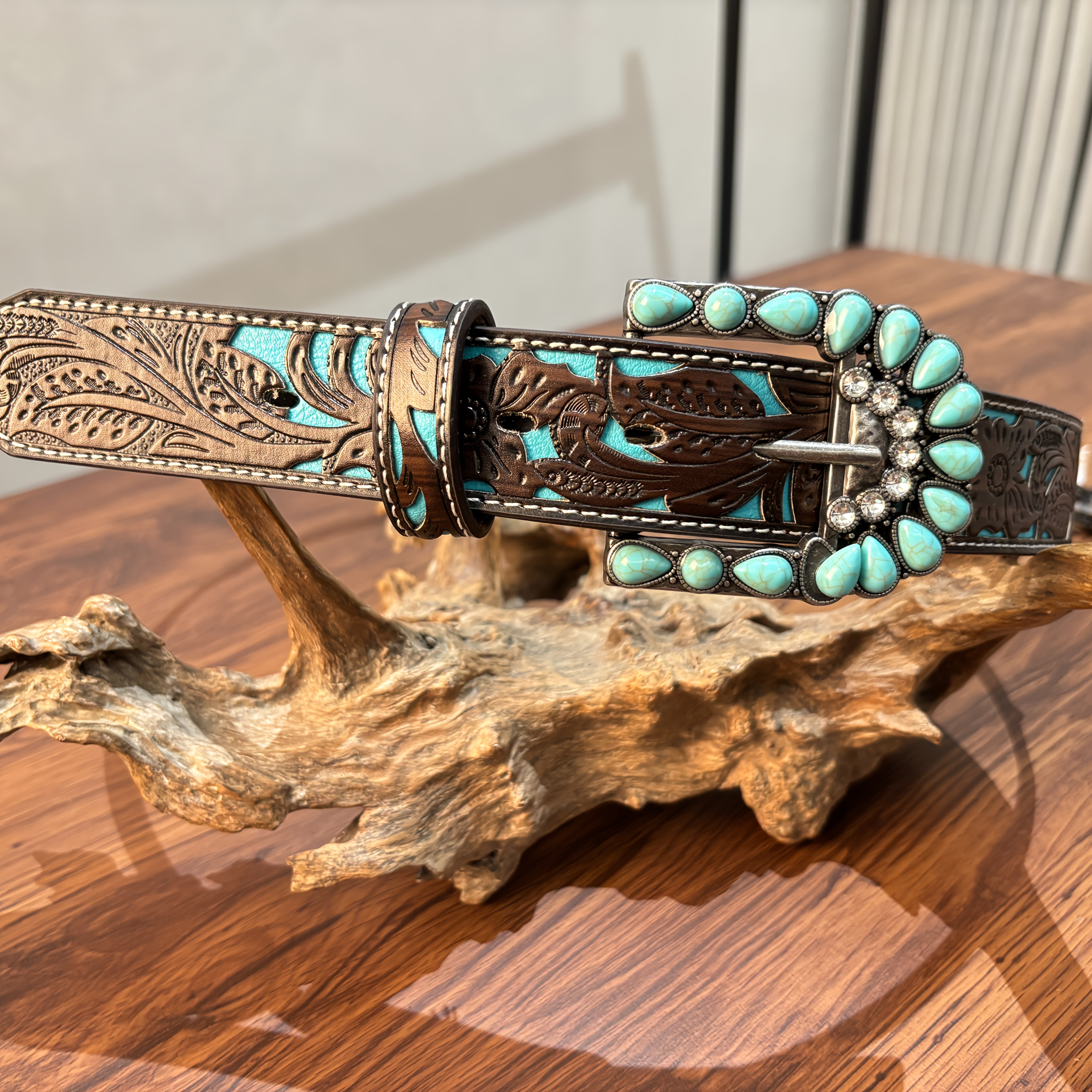 1ps Western belt with hollowed-out print for women, detachable buckle