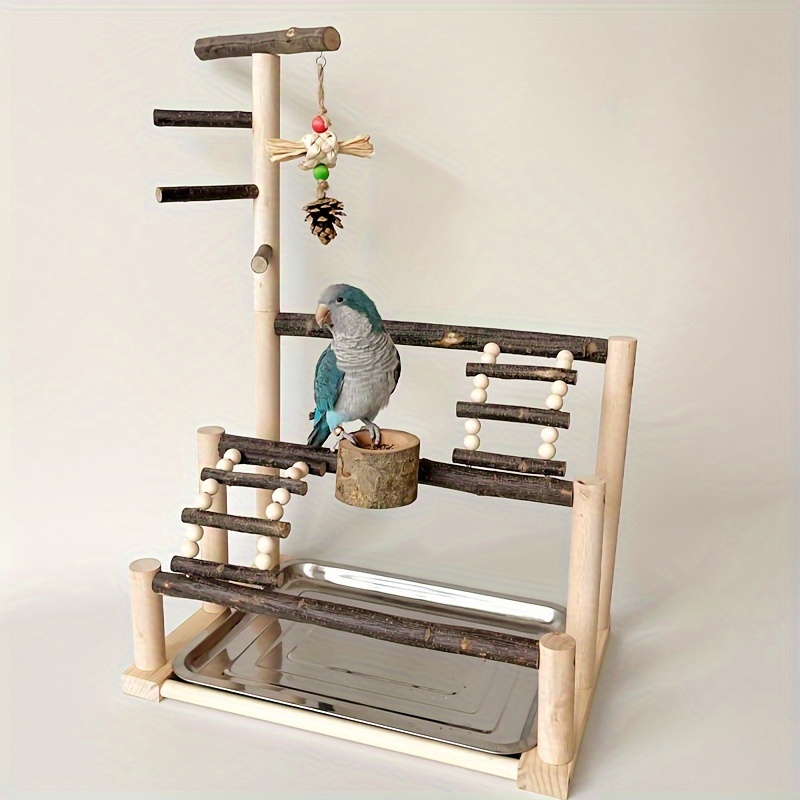 

Natural Crude Wood Bird Perch Stand With Food Bowl And Climbing Ladder - Interactive Desktop Training Perch For Parrots And Birds