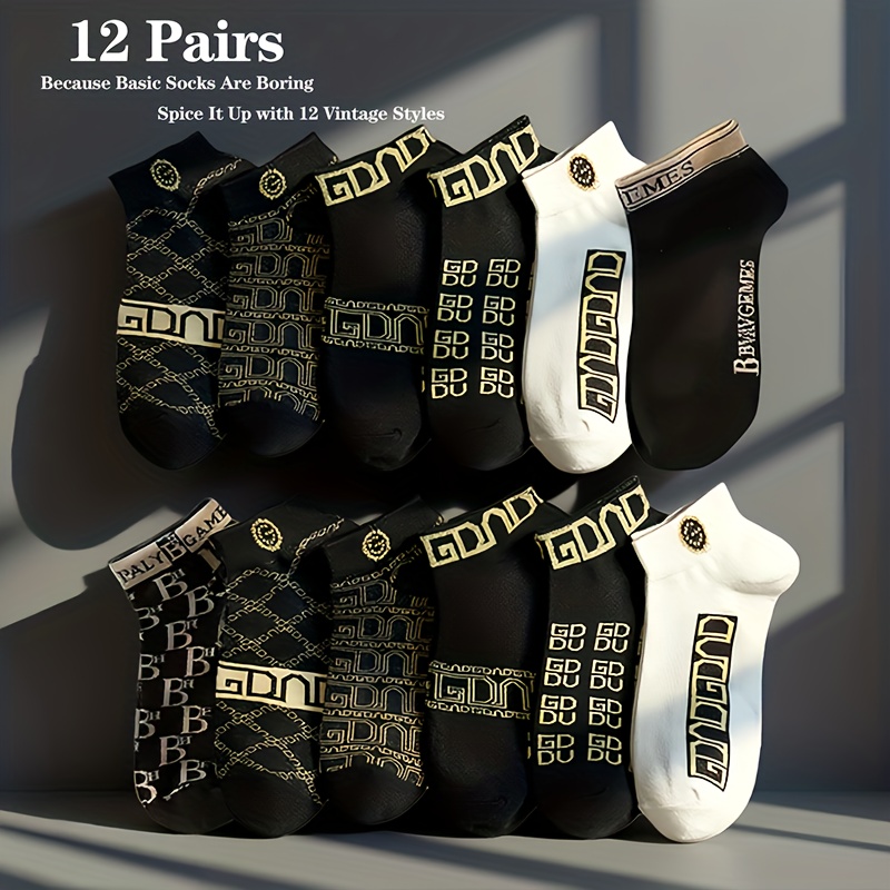 E-shop 12 Paar Herrensocken, Schwarze Retro Buchstaben Leichte Herren Kurze Socken Retro Vielseitige Kurze Flache Öffnung Herren Damen Bootssocken