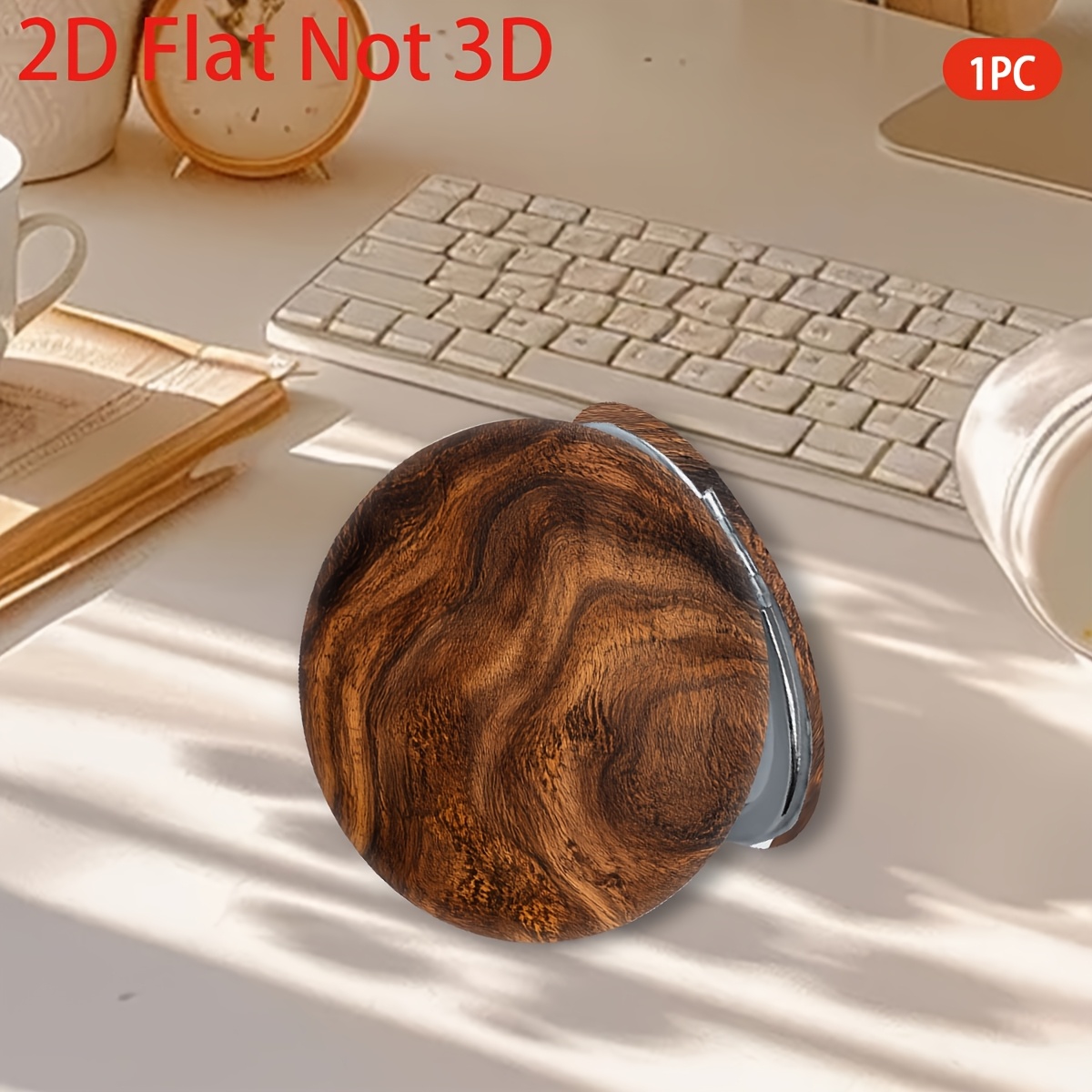 Handheld Round Mirror with Wood Grain Texture