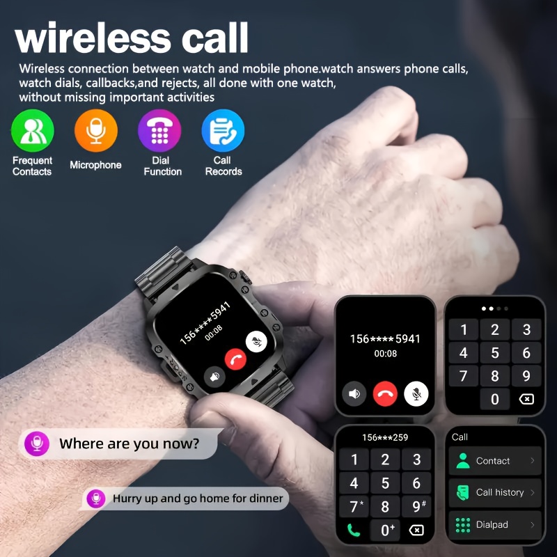  watch 5.1cm screen display wireless /answering phone watch, with led flashlight, multi-sport mode watch for men and women, 100+ , music controller, gps tracking, multimedia information viewing, usb charging, step and calorie, wireless and answering - durable smart watch, compatible with /io watch, high quality watch for men Product details 2