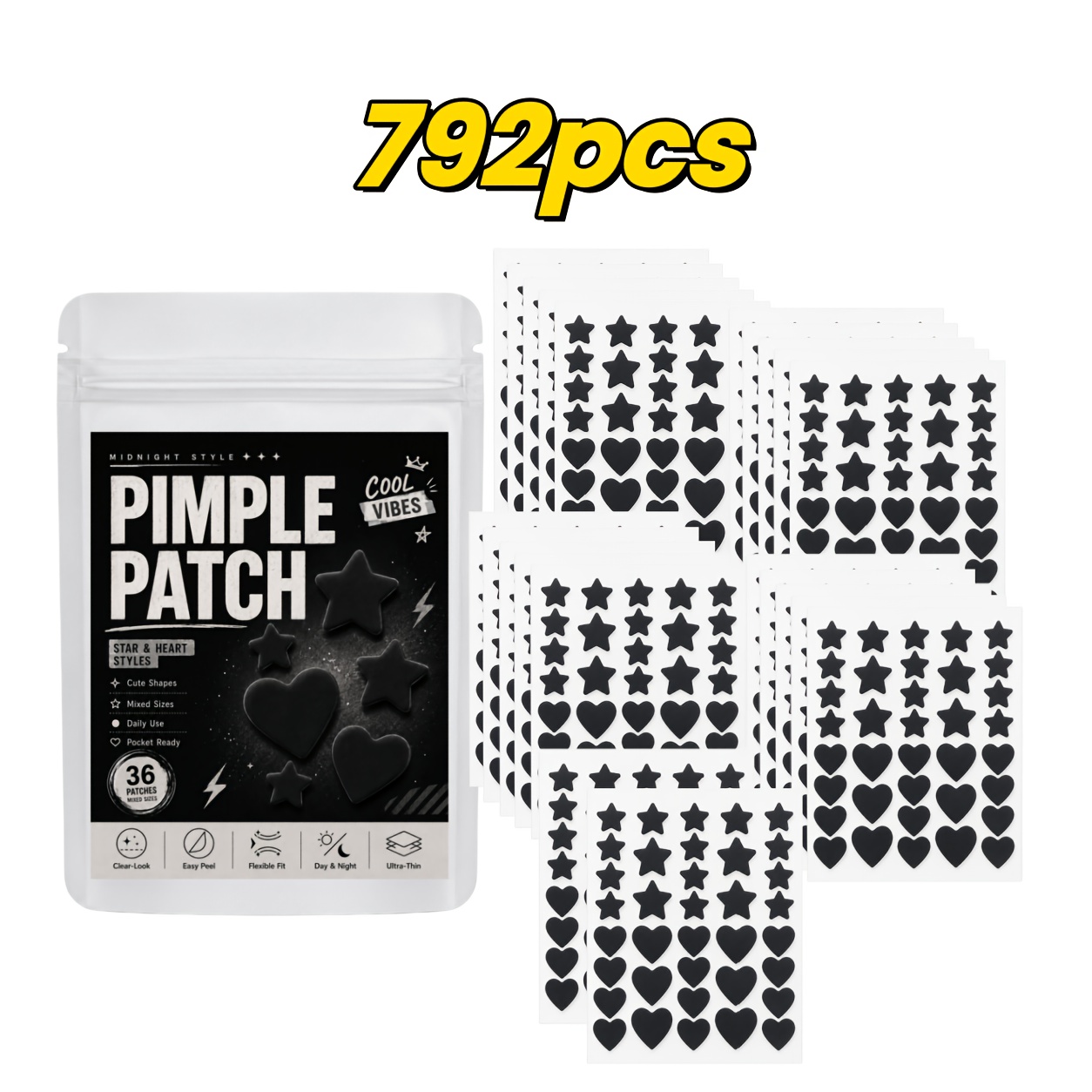 216/792pcs Black Star and Heart Hydrocolloid Pimple Patches