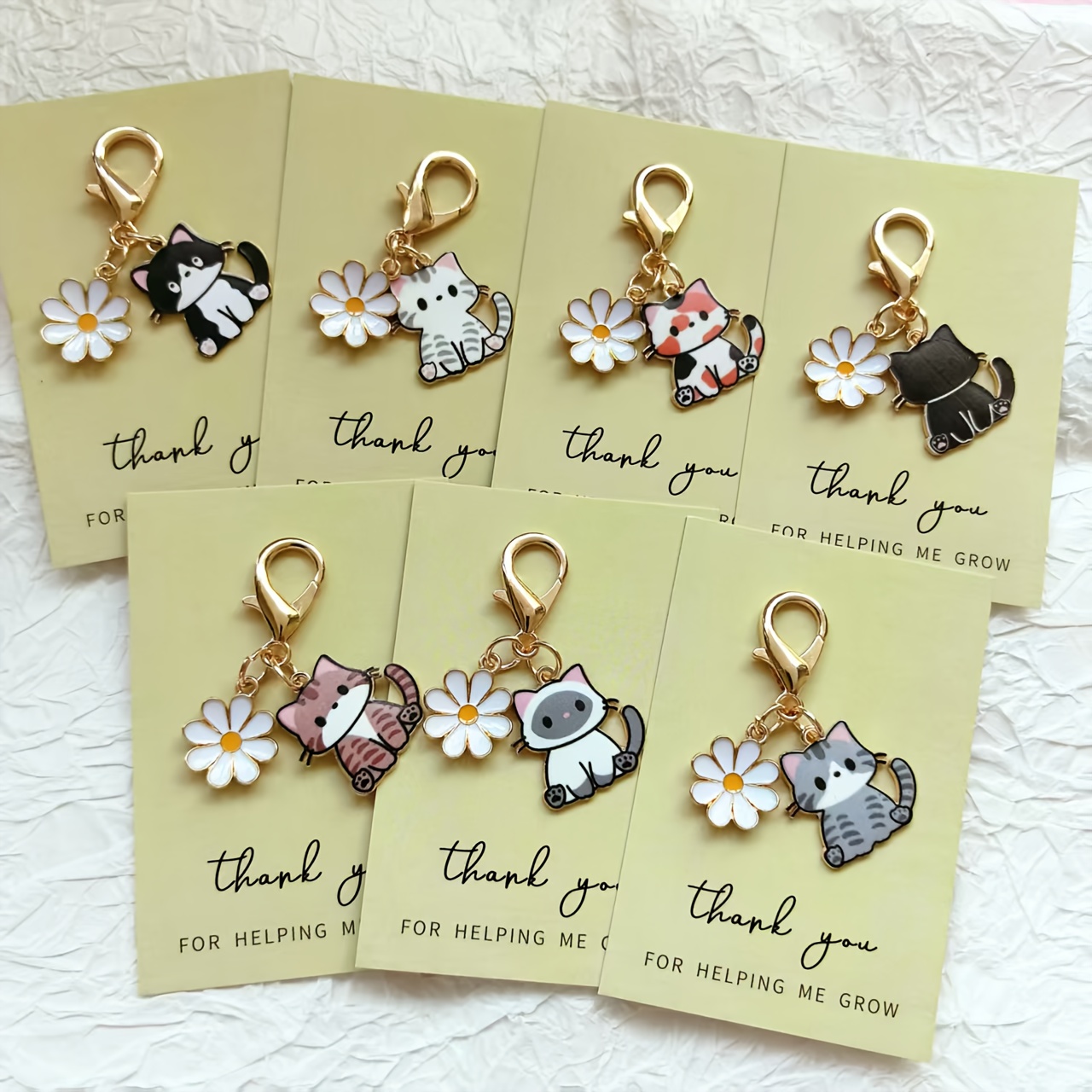 TEMU Set di 7/14 portachiavi con gatto e margherita a cartone animato con biglietto di ispirazione "Grazie", ciondolo elegante con animali e fiori,
