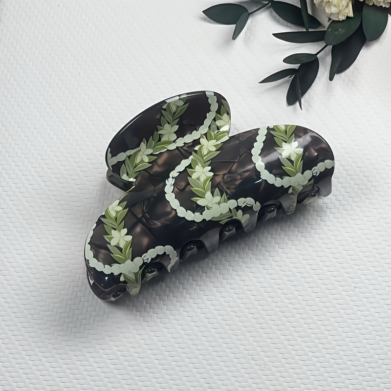 TEMU 1pc Hawaiian Plumeria Large Hair Claw Clip, Glossy Marble Acrylic Hair Clip, Tropical Floral Wreath Hair Grab, Suitable For Women's Thick Long
