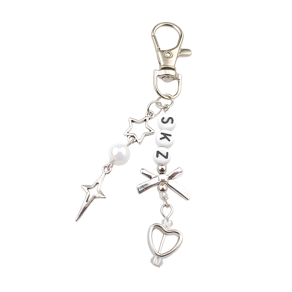 TEMU A Silvery-tone Star Knot Beaded Charm, With Pearls, Hollow Hearts, And Letter Beads, Metal Lobster Clasp Design, Easy And Cool Niche Style, Hung