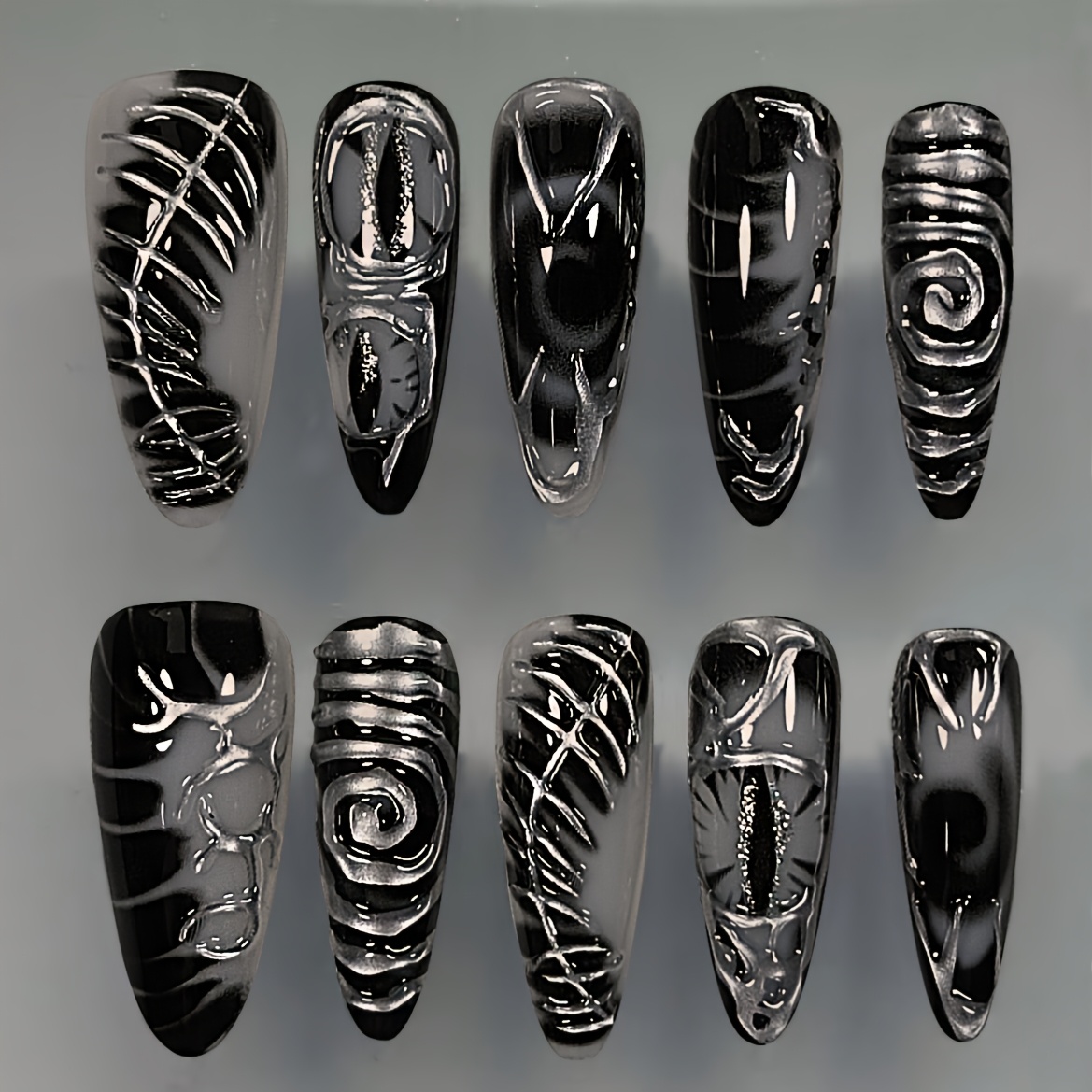 Image of Slozzi Fashionable Black Handmade 10pcs Xs-s-m Striped Thread Black And White Contrasting 3d Glue Almond Style Fake Nails Suitable For And Women