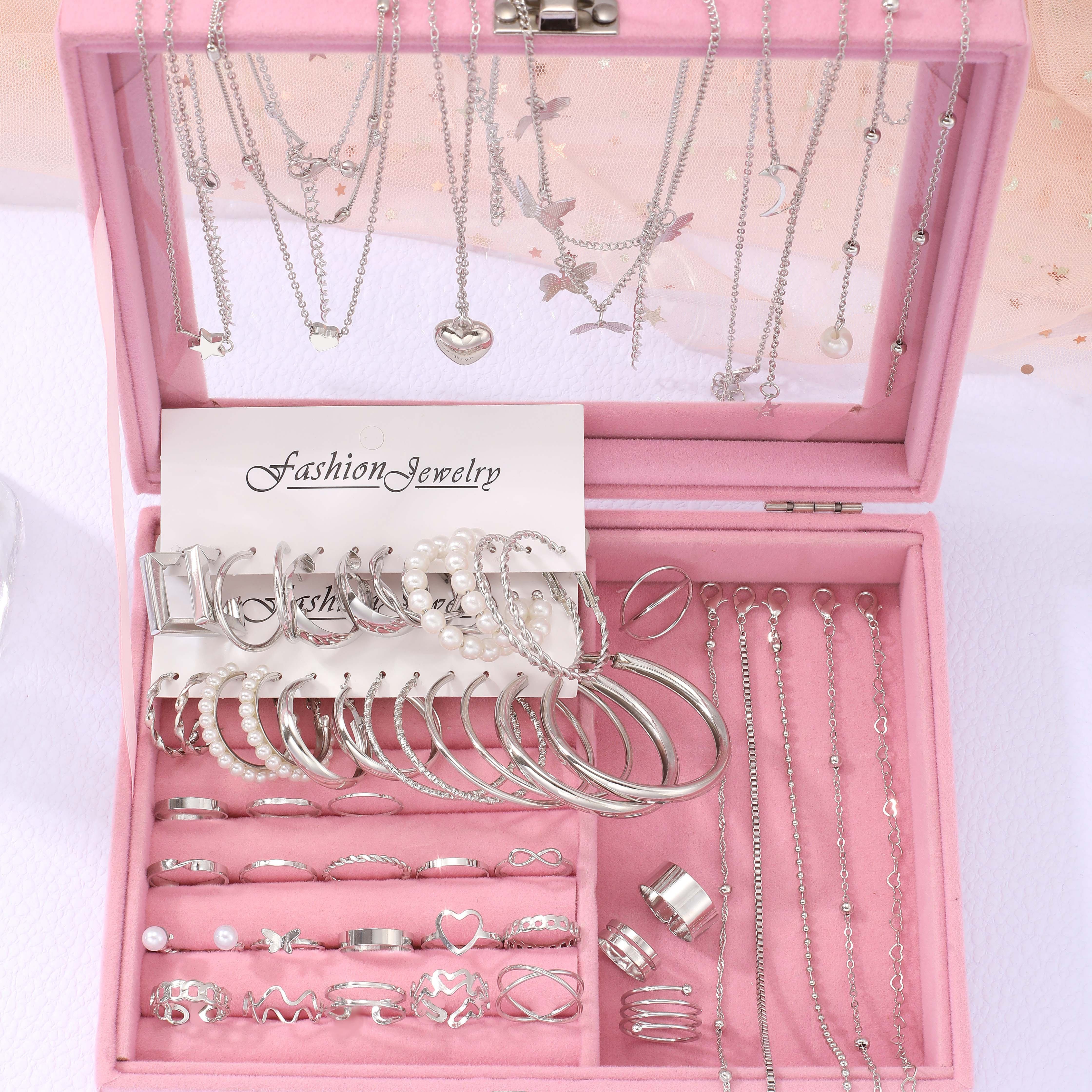 

Elegant Silvery 45-piece Fashion Jewelry Set With Faux Pearls - Heart Pendants, Necklaces, Rings, Bracelets - Versatile Accessory Combo For Daily & Outings (box Not Included), Vintage Style