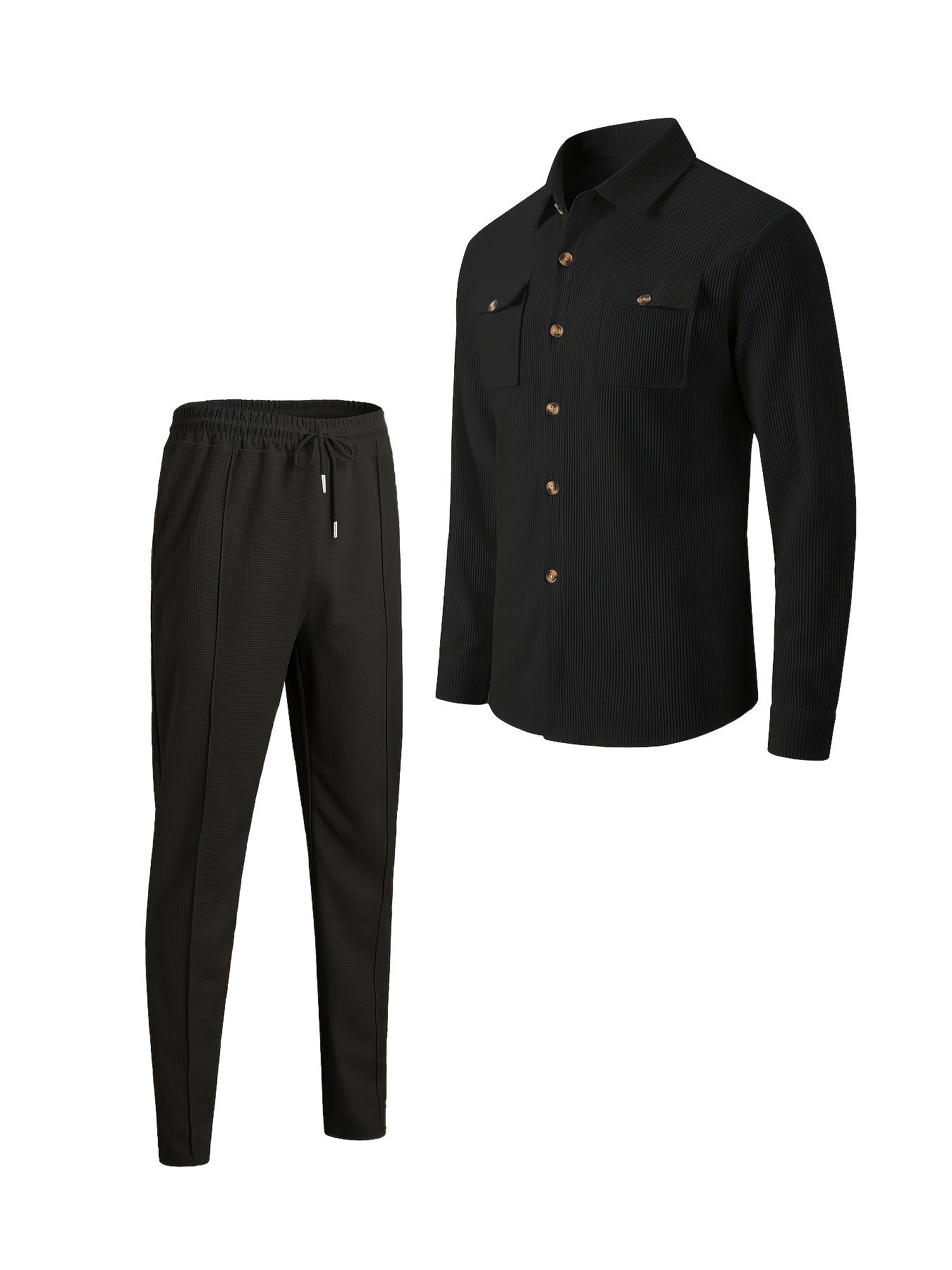 Conjunto Casual de Waffle para Hombre para las Cuatro Estaciones | Camisa Abotonada con Cuello Solapa, Bolsillo Doble en el Pecho, Manga Larga, Pantalones Largos, Conjunto de Dos Piezas, Ropa Versátil para Exteriores, Ligero, Sin Arrugas, Portátil - Imagen 6