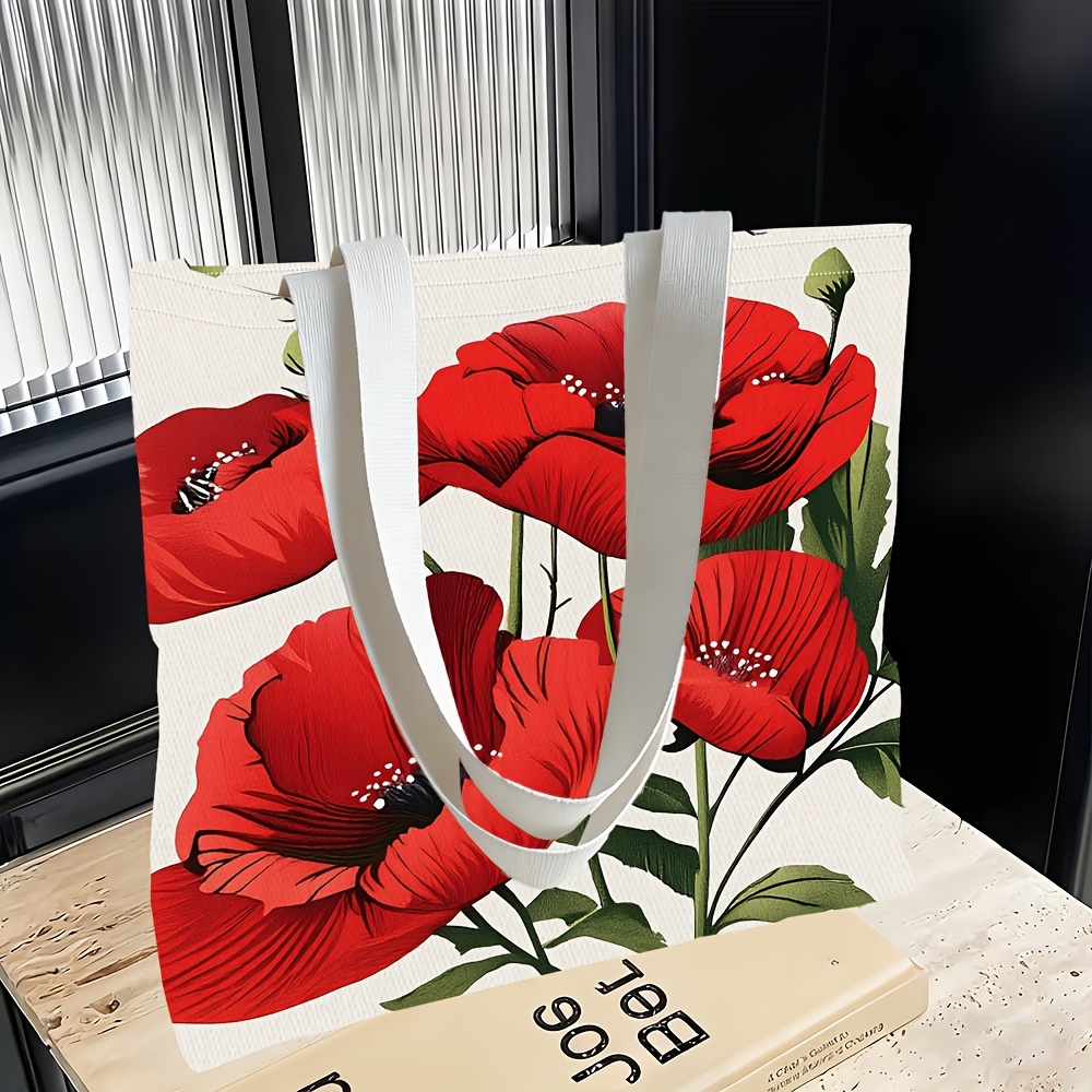 TEMU 1pc, Red Poppy Flower Theme Women's Shoulder Bag, Multi-functional, Handbag, Clutch, Evening Bag, Travel Essential, Fashion Casual, Daily Use, ,