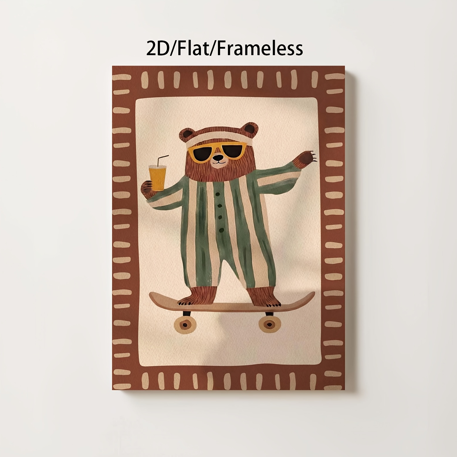 TEMU 2d Flat, 1pc, 2d Flat, Frameless, On Skateboard Poster, Fun Striped Bear Wall Decor, Vintage Boy's Room Decoration, Toddler Room Art, Skateboard
