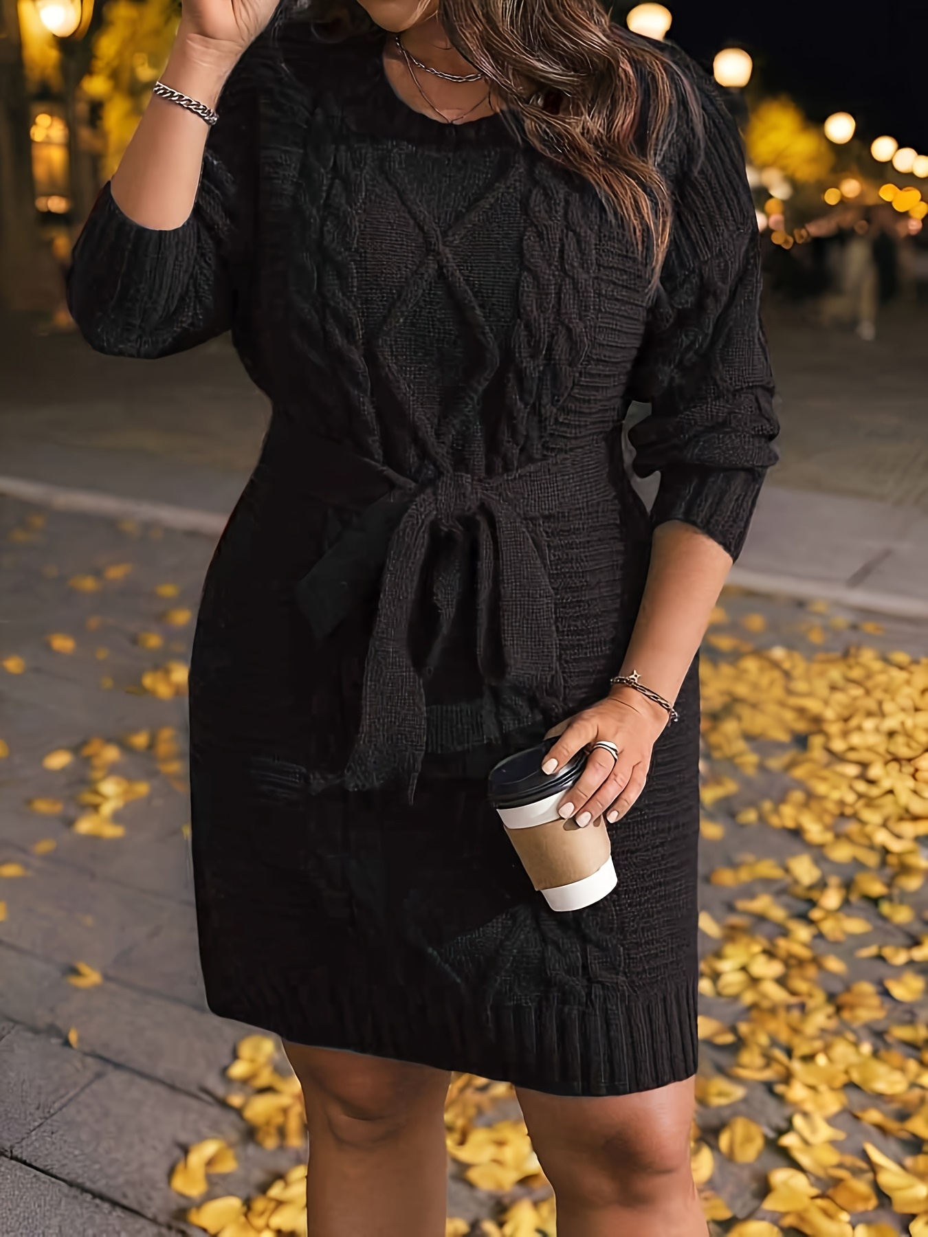 Color: Black Plus Size, Women's Casual Solid Color Slim-Fit Sweater Dress with Button-String Design, Autumn/Winter Style, 100% Polyester Fiber, Essential Sweater for Outerwear and Inner Layering in Autumn/Winter, Fashionable and Exquisite Women's Outfit