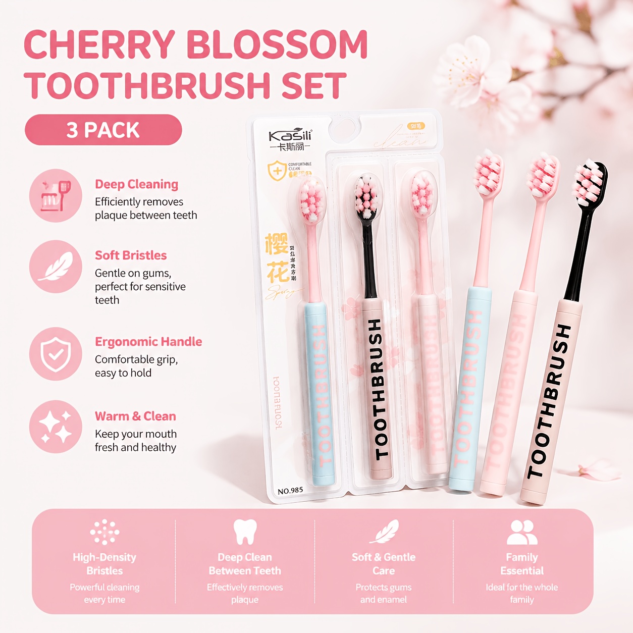 Cherry Blossom Toothbrush Set with Soft Bristles