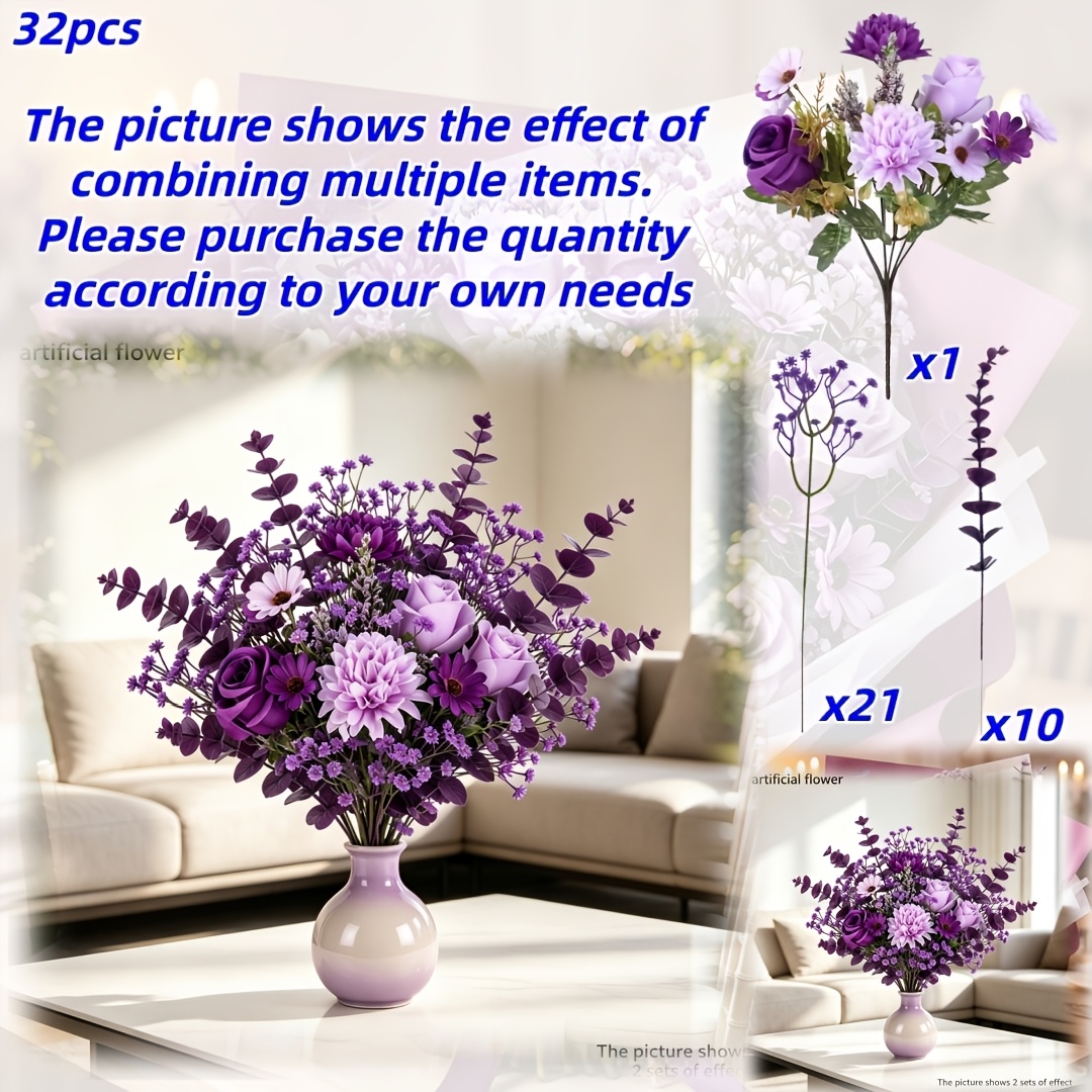 TEMU Ensemble de 32 pièces de fleurs artificielles, une combinaison de bouquet violet, aux UV. Convient , l'extérieur, , , le porche, les décorations
