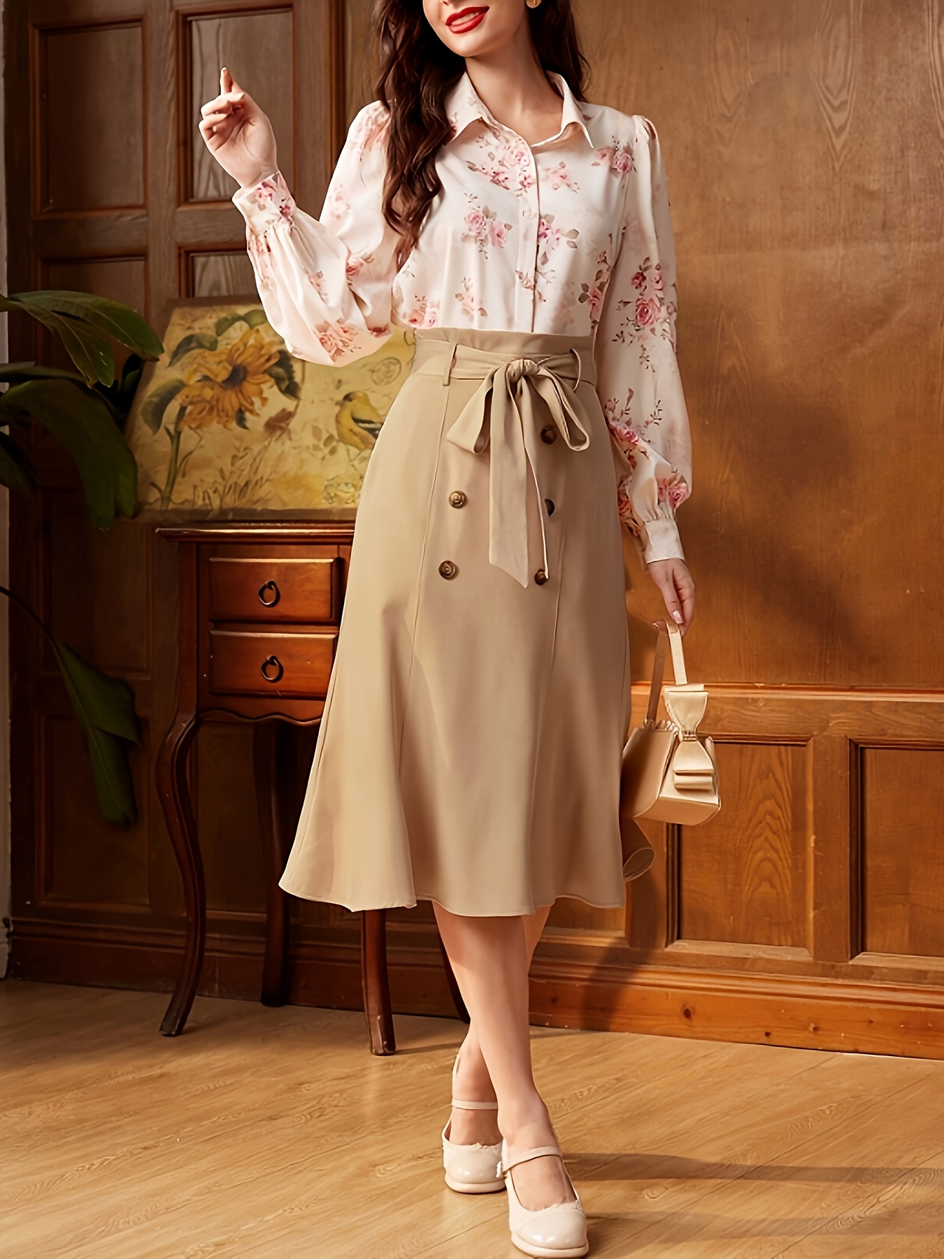 plus size flared skirt women beige bow waistband button - Temu