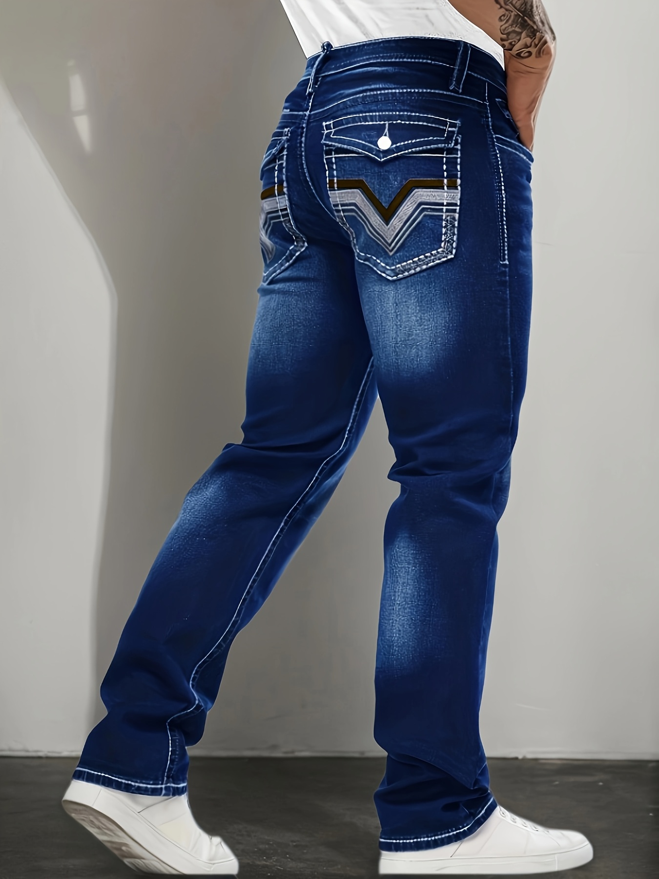 Men's Slim-Fit Embroidered Pocket Jeans - Stretch Blue Denim with White Stitching, Rayon-Polyester Blend, Mid-Rise Casual Pants, Machine Washable, All-Season Comfort