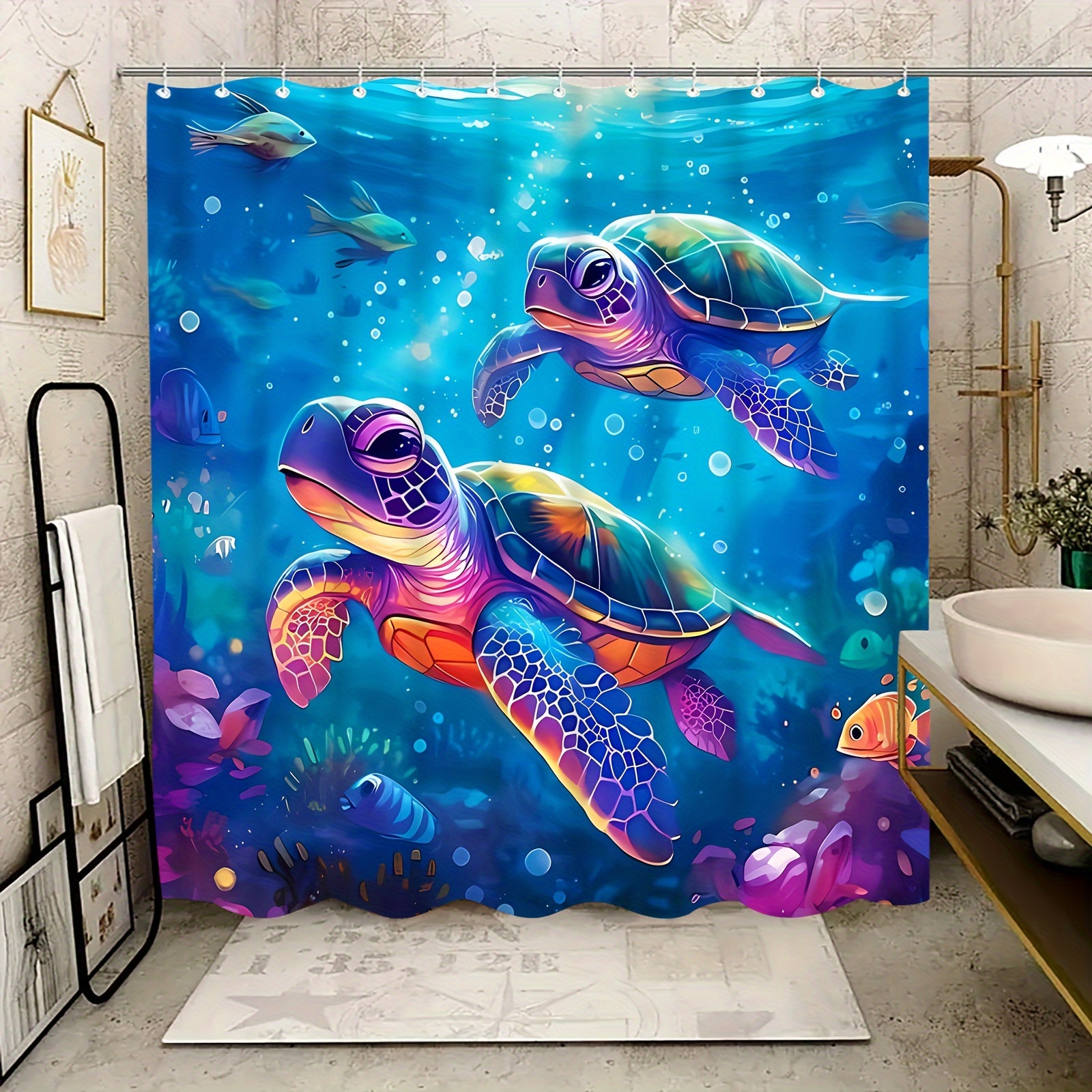 

Ocean-themed Turtle Shower Curtain - Waterproof, Knit Polyester With Hooks Included, Perfect For All Seasons, Bathroom Decor