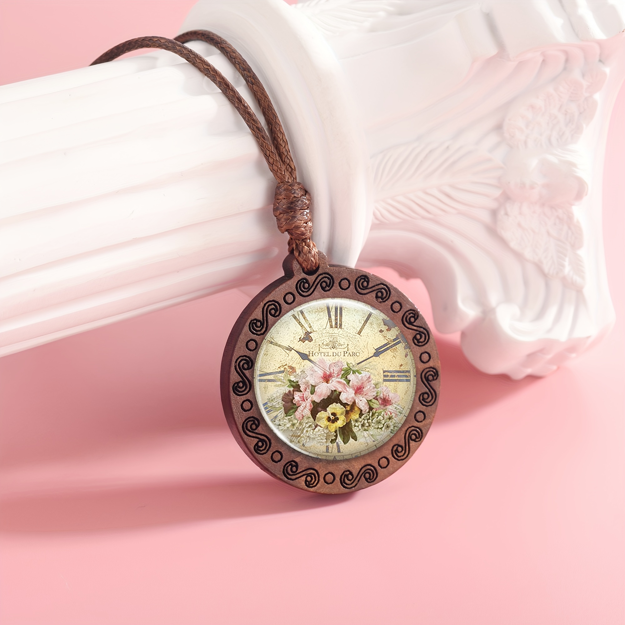 Vintage Clock Design Wooden Pendant Necklace