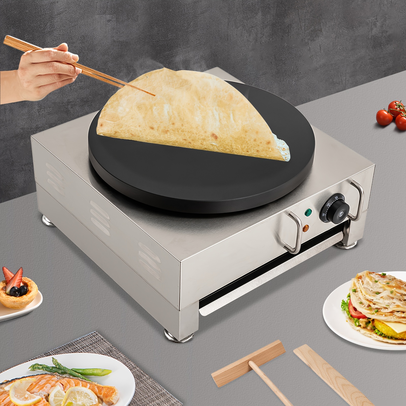 16" Commercial Electric Crepe Maker Machine With Wooden Spreader & Spatula