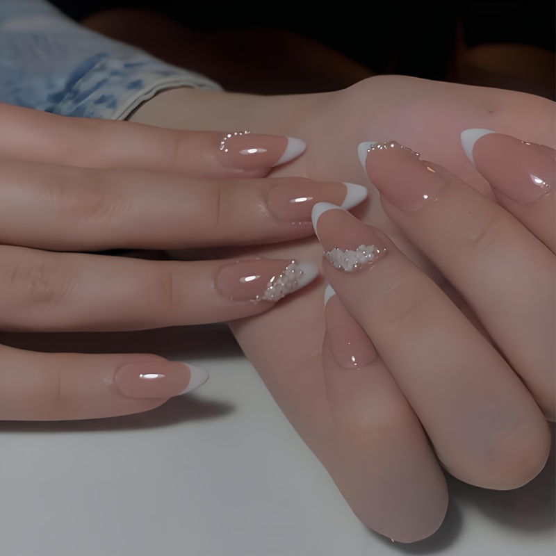 E-shop 24 Stück Blumen-Mandelform Press-On Nägel Weiße Nagelspitzen Falsche Nägel Blumen-Design Vollabdeckung Glänzende Acrylnägel Geeignet für Frauen