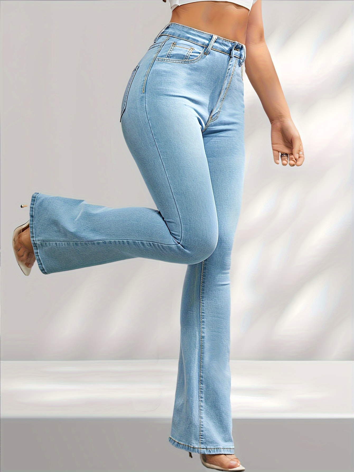 Jeans Flare De Cintura Alta * Bolsos Inclinados De Estiramento Alto Slim  Fit Bell Bottom Jeans, Jeans Femininos E Roupas