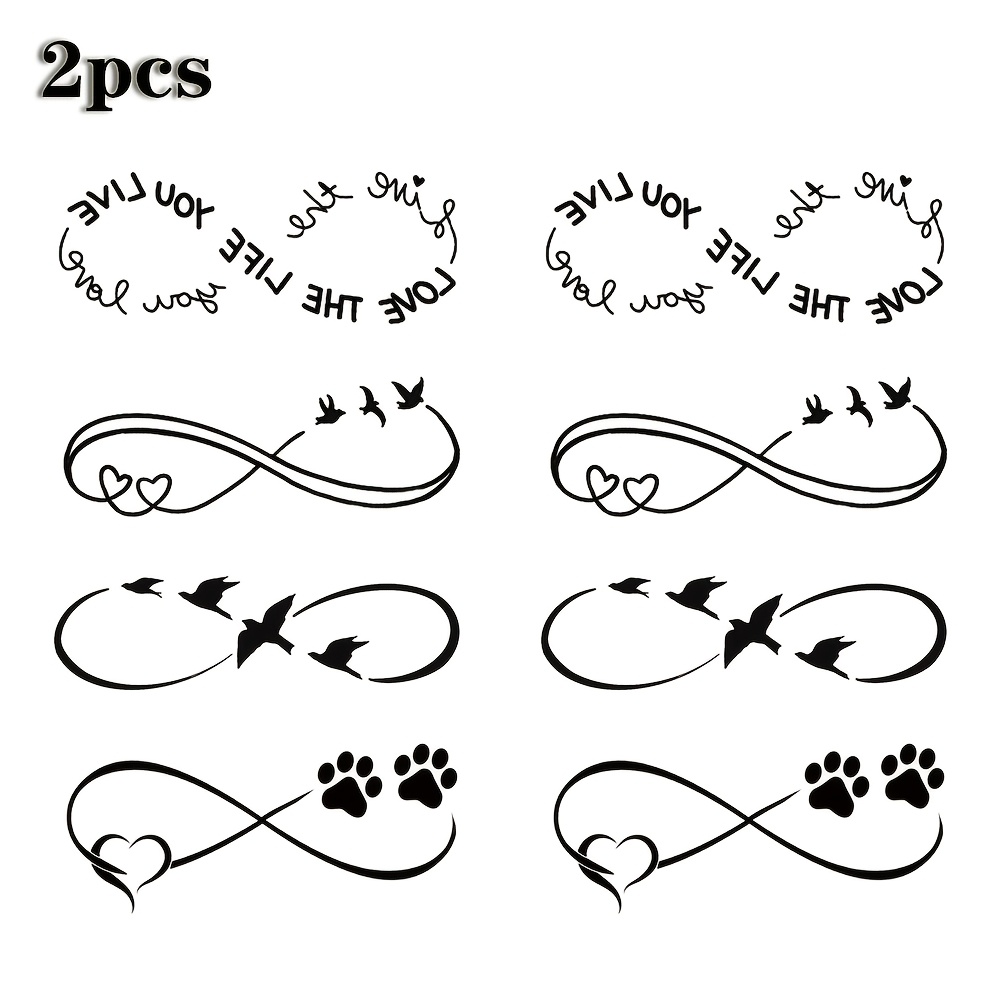 TEMU 2pcs Black Infinity With Hearts, Birds & Waterproof Temporary Tattoo Sticker Live You Love Quote Body Art Fake Tattoos Sleeve For Women Men